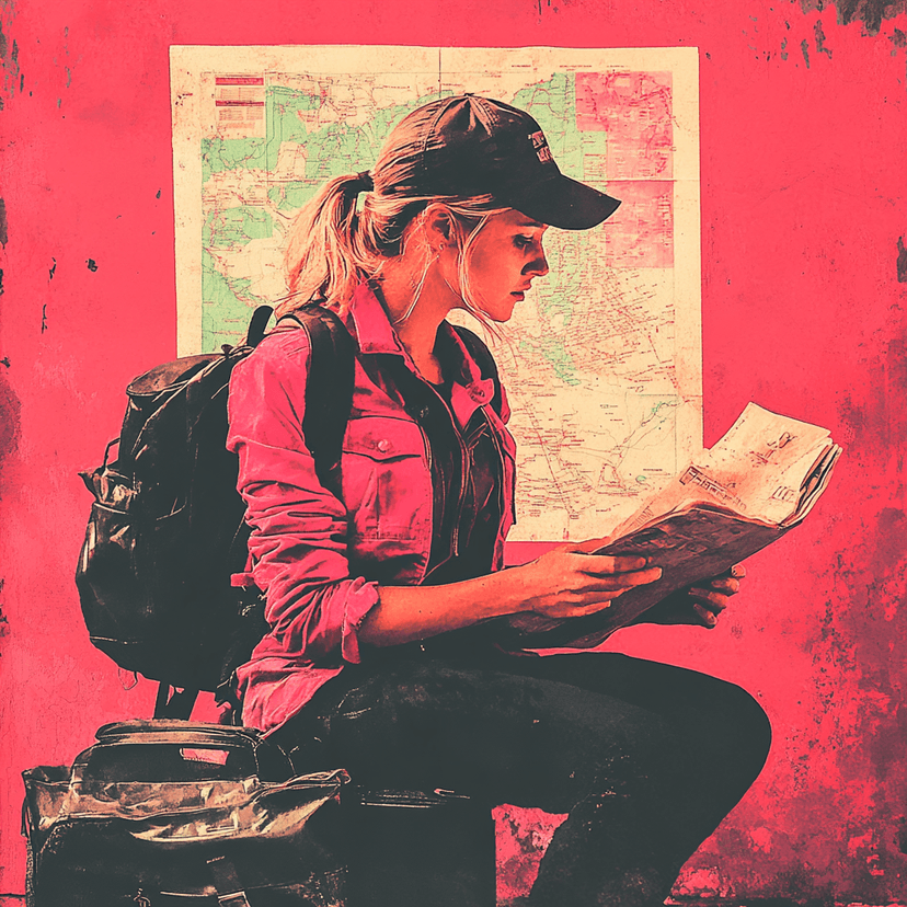 A lone figure studies a tattered map under flickering light
