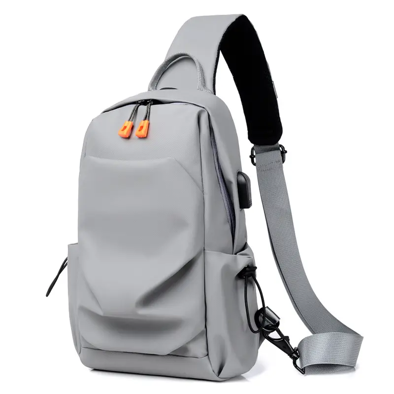 Angled front view with gray bag zipped and handles upright.